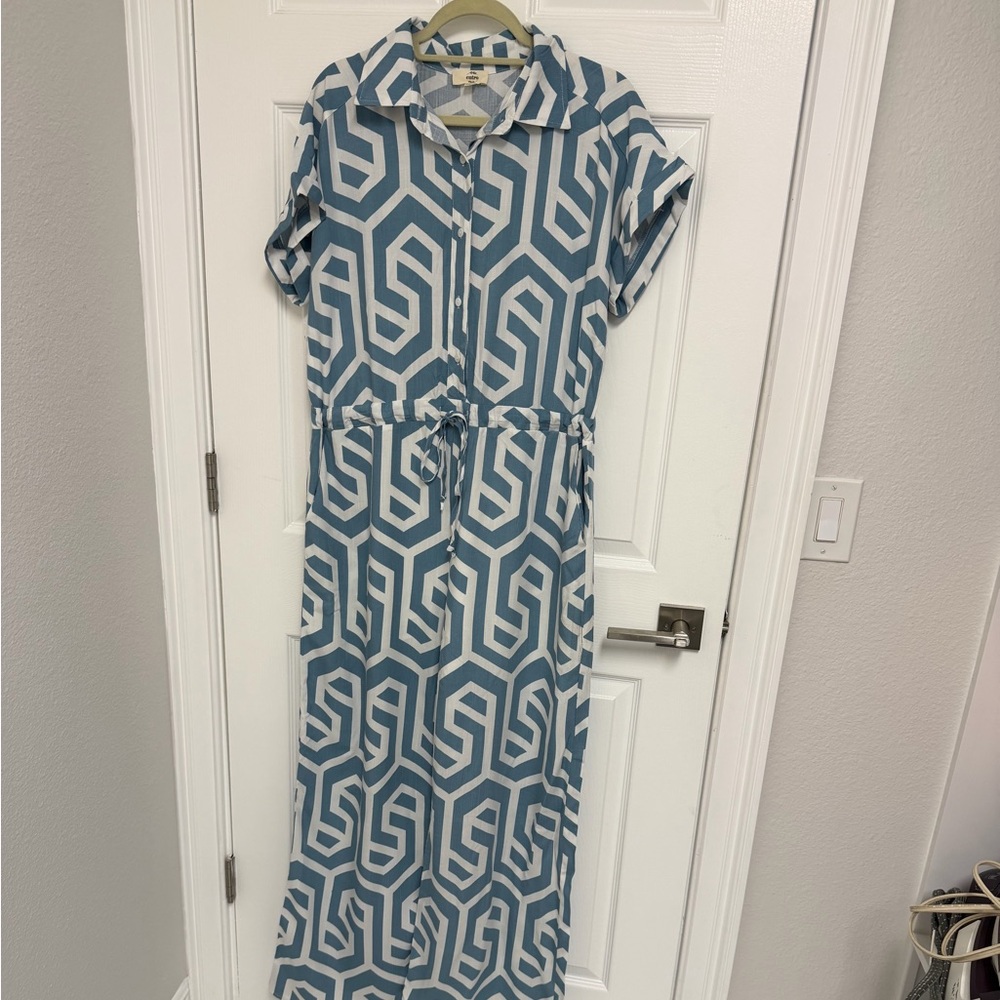 Entro Teal and White Geometric Jumpsuit